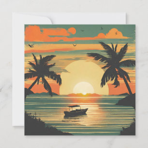 Cartão Pôr do sol tropical retrô com barco