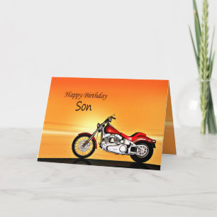 Cartão Por filho, Motocicleta no pôr do sol.