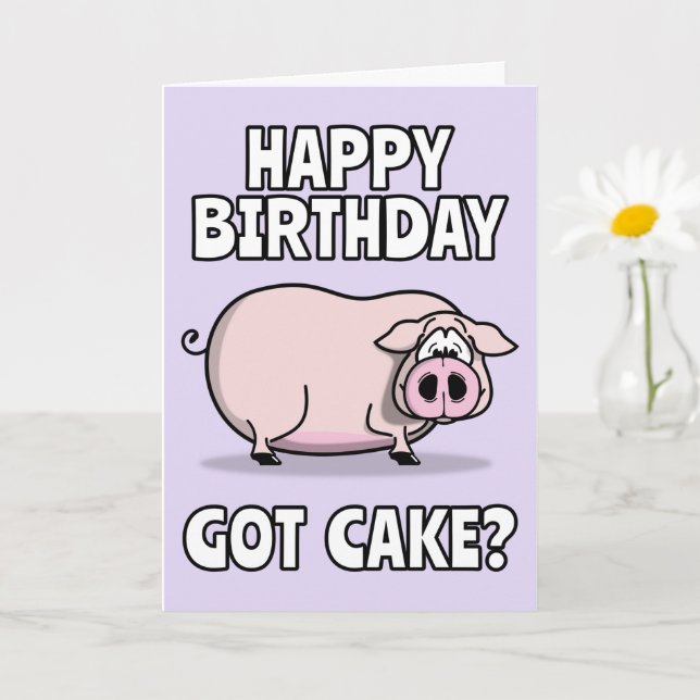 Cartão Porco de fazenda rosa bonito. Tem Bolo? Yummy Birt (Planta pequena)