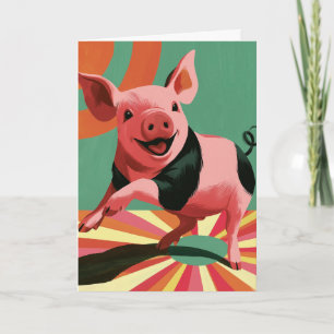 Cartão Porco Feliz Arte Colorida Retro Explosão Solar