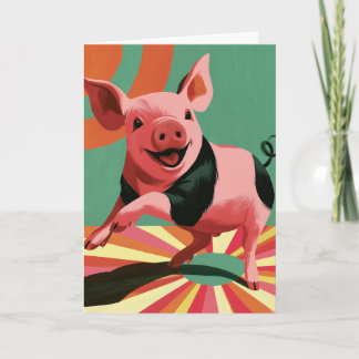 Cartão Porco Feliz Arte Colorida Retro Explosão Solar