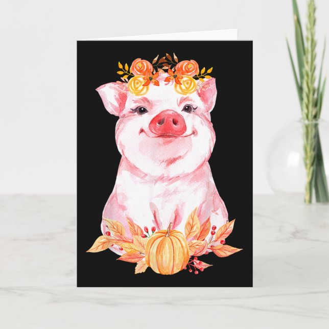 Cartão Porco Floral Engraçado Cute Outono Porco Animal Fa (Frente)