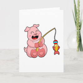 Cartão Porco pescando com peixe
