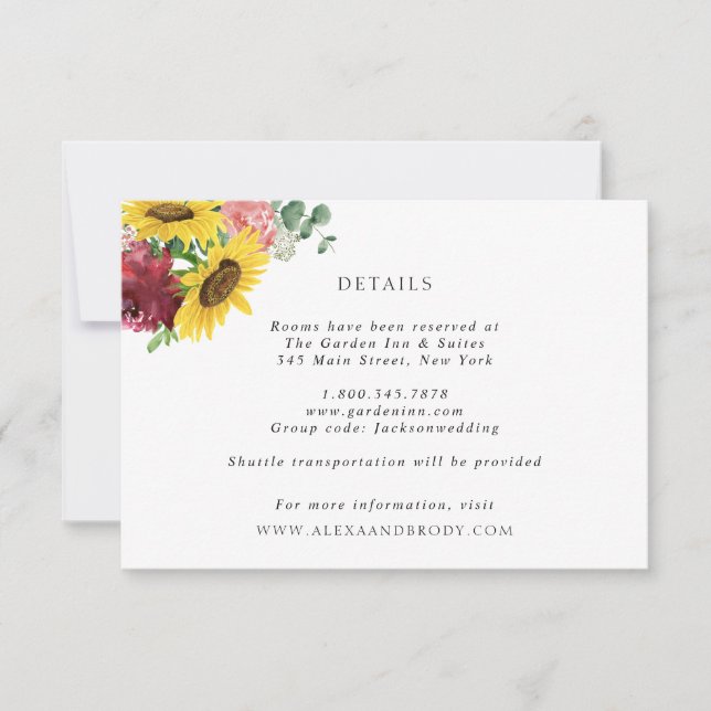 Cartão Pormenores de Casamento de Girassóis e Rosa (Frente)