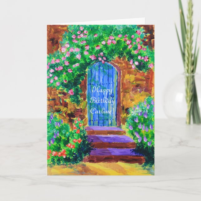 Cartão Porta de madeira azul bonita ao jardim de rosas (Frente)