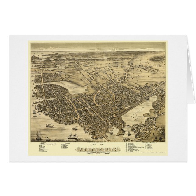 Cartão Portsmouth, mapa panorâmico do NH - 1877 (Frente Horizontal)