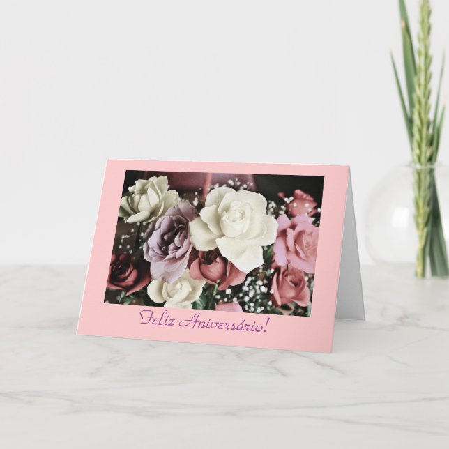 Cartão Português: Rosas Rosas de aniversário do (Frente)