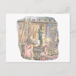 CARTÃO POSTAL さなくなじ 薄暗いお部屋の植木とカーテンのそばで淡く光る物体を見つめる女性の後ろ姿のイラス