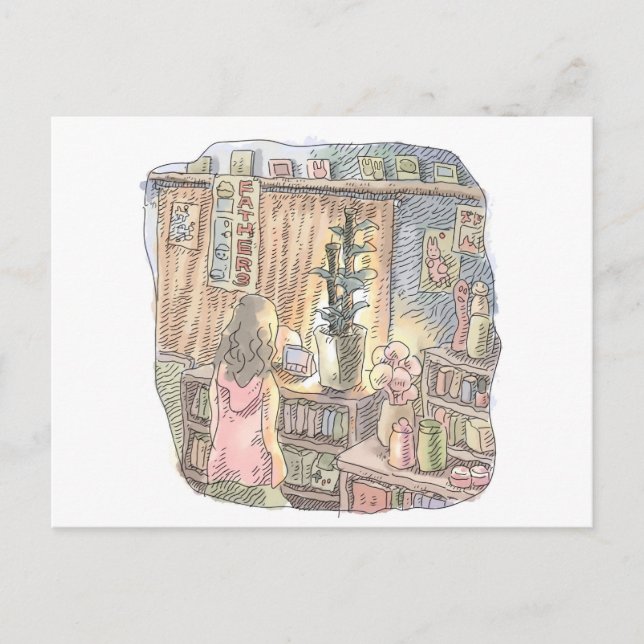 CARTÃO POSTAL さなくなじ      薄暗いお部屋の植木とカーテンのそばで淡く光る物体を見つめる女性の後ろ姿のイラス (Frente)