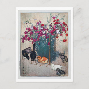 Cartão Postal ひ よ こ, Dianthus & Pintinhos, Hiroshi Yoshida, Wood