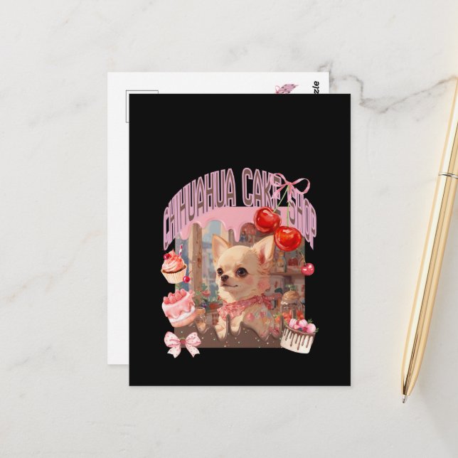 Cartão Postal チワワのケーキ屋さん、スイーツ、子犬、リボン、cherry,girly好きのための (Frente/Verso In Situ)