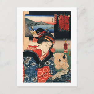 Cartão Postal 女 と 眠 猫, 国 芳 Mulher e Gato Dormente, K