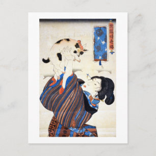 Cartão Postal 猫 と 女, 国 Cat e Mulher, Kuniyoshi, Ukiyo-e
