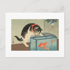 Cartão Postal 猫 と 魚, 古 邨 Cat & Goldfish, Koson, Ukiyo-e
