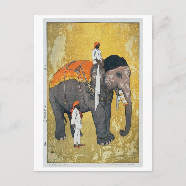 Cartão Postal 象, Elefante, Hiroshi Yoshida, Woodcut (Frente)