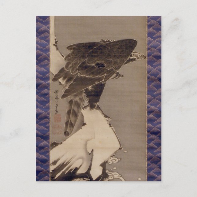 Cartão Postal 雪 の の 鷲, 若 冲 Águia na Neve, Jacuchu (Frente)