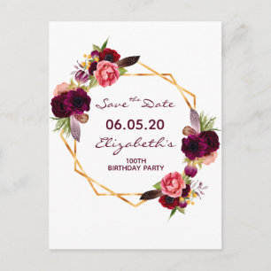 Cartão Postal 100º aniversário da burgundy floral branco Guarde