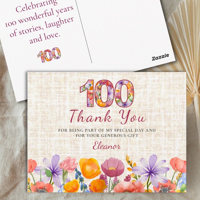Cartão Postal 100th Birthday - Elegant Floral Number 100 Thanks (Criador carregado)