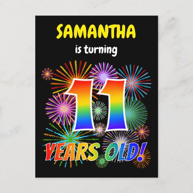 Cartão Postal 11 Birthday - Fogos de artifício divertidos, Rainb (Frente)