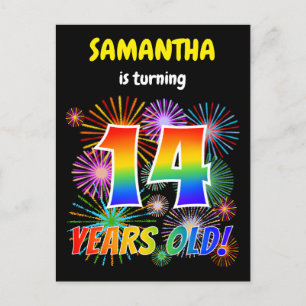 Cartão Postal 14 Birthday - Fogos de artifício divertidos, Rainb