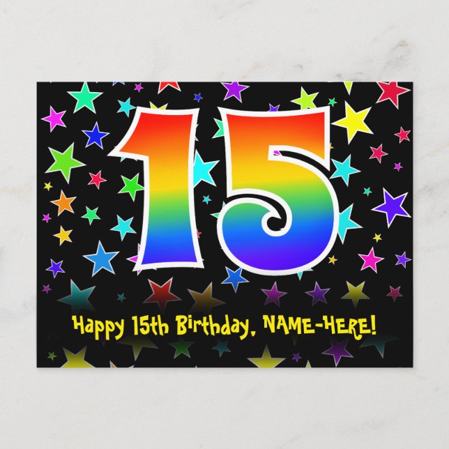Cartão Postal 15 Birthday: Padrão de Estrelas Divertidas, Arco-Í (Frente)