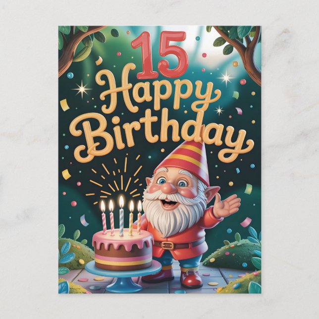 Cartão Postal 15th Birthday Gnome Celebration (Frente)
