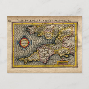 Cartão Postal 1610 Mapa da Cornualha, Devon, Somerset, etc...