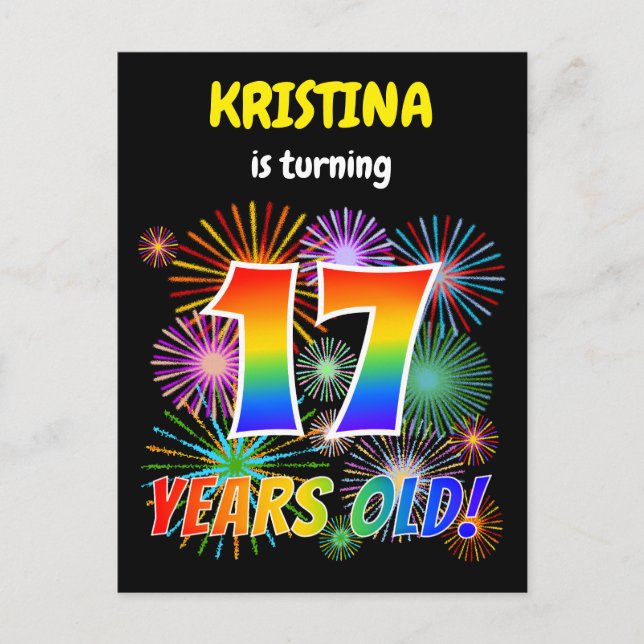 Cartão Postal 17º aniversário - Fogos de artifício divertidos, R (Frente)