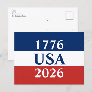 Cartão Postal 1776 EUA 2026 Vermelho Branco Azul Patriótico Dupl