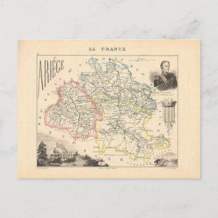 Cartão Postal 1858 Mapa do Departamento de Ariege, França