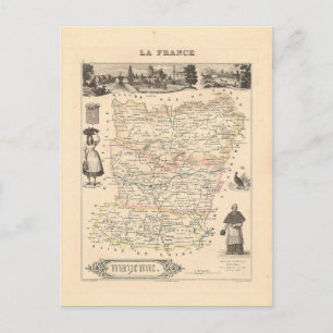 Cartão Postal 1858 Mapa do Departamento de Mayenne, França