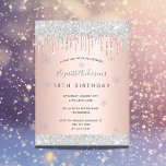 Cartão Postal 18th birthday winter silver rose pink invitation<br><div class="desc">A modern, stylish and glamorous invitation for a 18th birthday party. A rose gold faux metallic looking background with elegant rose gold, pink and faux silver glitter drip, paint dripping look. Decorated with faux silver snowflakes.The name is written with a modern gray colored hand lettered style script. Personalize and add...</div>