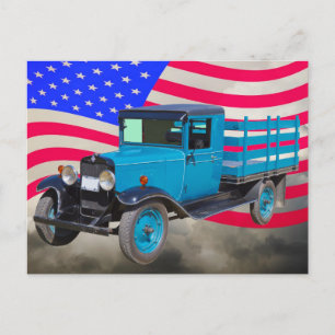 Cartão Postal 1929 Chevy 1 Ton Truck e Bandeira Americana