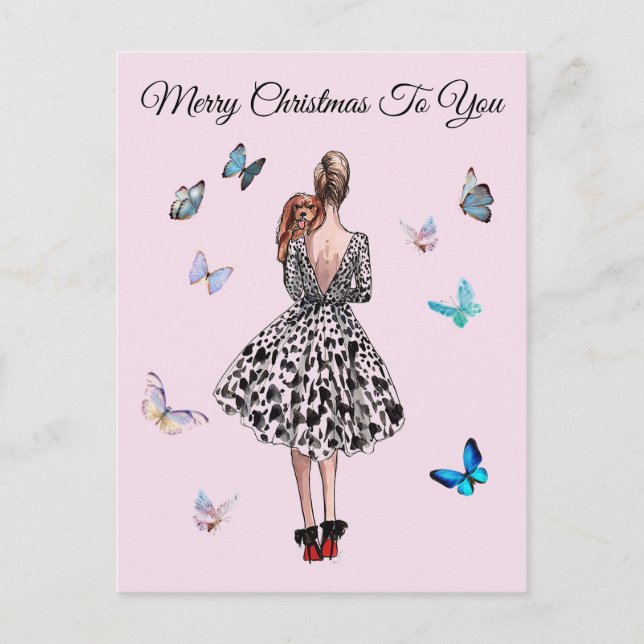 Cartão Postal 1950 Mulher com Borboletas Saudação de Natal (Frente)