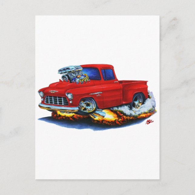 Cartão Postal 1955 Chevy Stepside Pickup Red Truck (Frente)