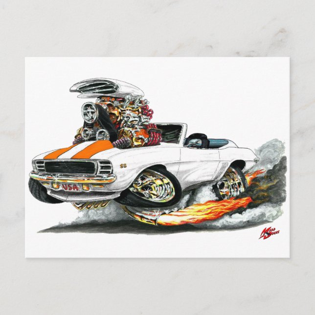 Cartão Postal 1969 Camaro RS S White-Orange Convertível (Frente)