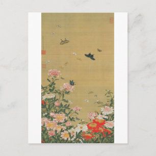 Cartão Postal 1. 芍薬群蝶図, flor do 若冲 e borboleta, Ja