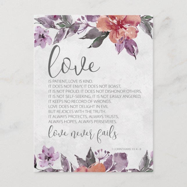Cartão Postal 1 Corinthians 13:4-8 Bíblia Floral Casamento Verso (Frente)