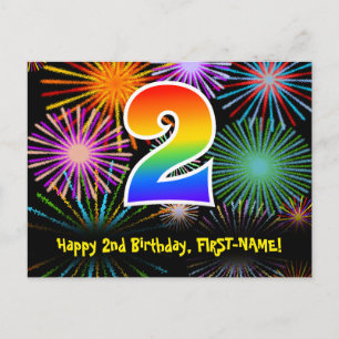 Cartão Postal 2º Aniversário – Padrão Divertido de Fogos de Arti