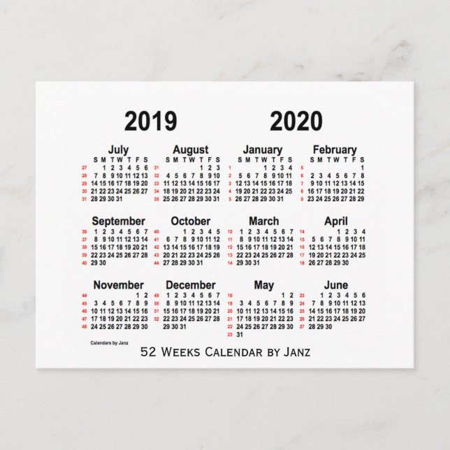 Cartão Postal 2019-2020 branco calendário de 52 semanas por Janz (Frente)
