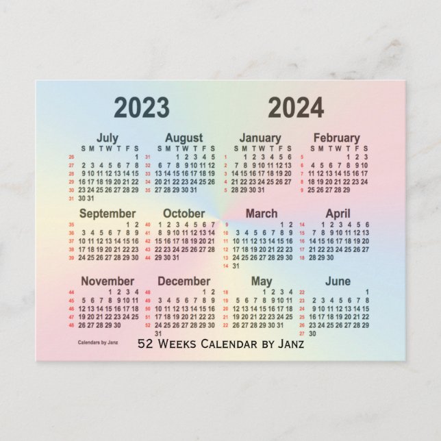 Cartão Postal 2023-2024 Calendário Rainbow 52 Semanas por Janz (Frente)