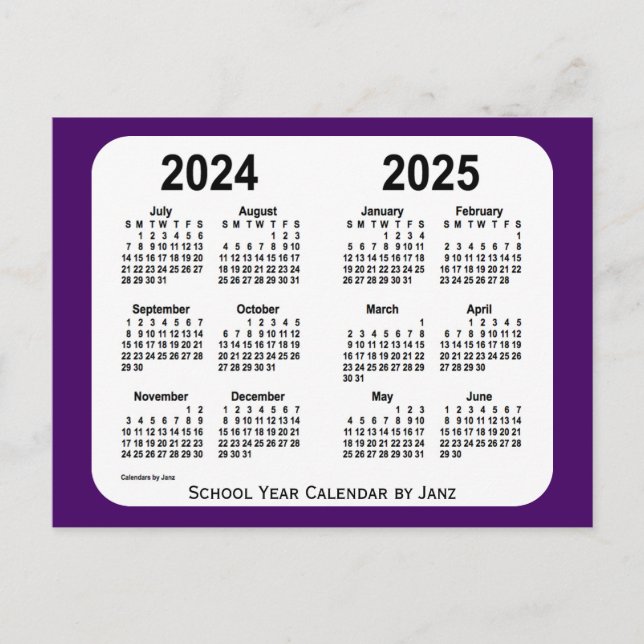 Cartão Postal 2024-2025 Calendário do Ano Mini Escolar em Púrpur (Frente)