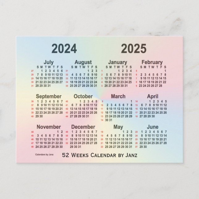 Cartão Postal 2024-2025 Calendário Rainbow 52 Semanas por Janz (Frente)