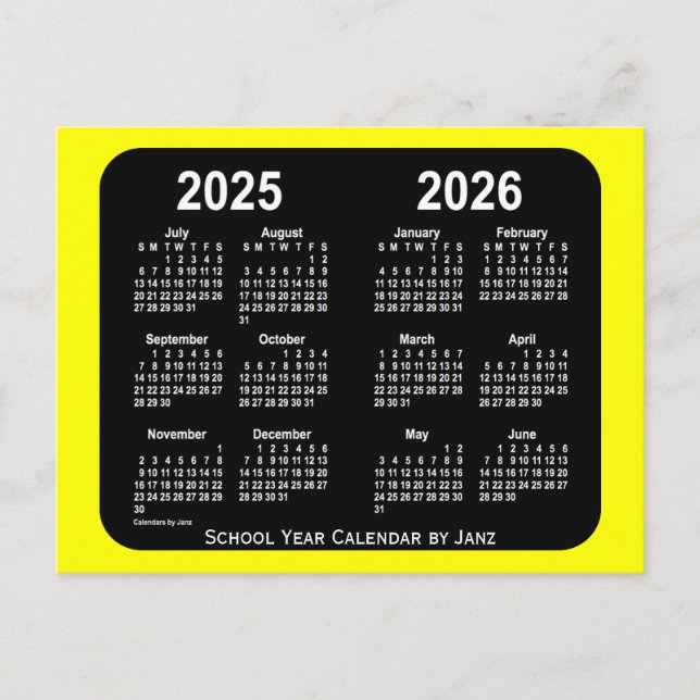 Cartão Postal 2025-2026 Calendário da Escola Amarelo Neon de Jan (Frente)