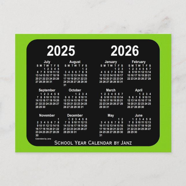 Cartão Postal 2025-2026 Calendário da Escola Neon Yellowgreen de (Frente)