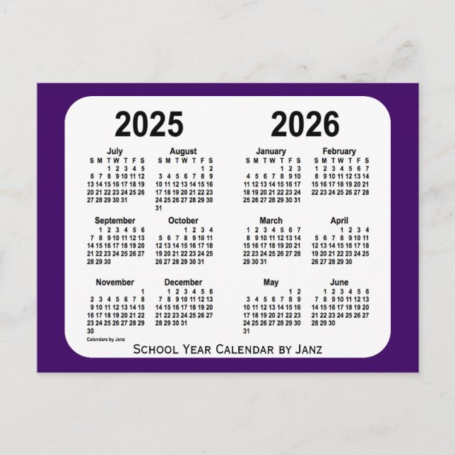 Cartão Postal 2025-2026 Calendário do Mini Ano Escolar em Púrpur (Frente)