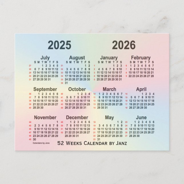 Cartão Postal 2025-2026 Calendário Rainbow 52 Semanas por Janz (Frente)