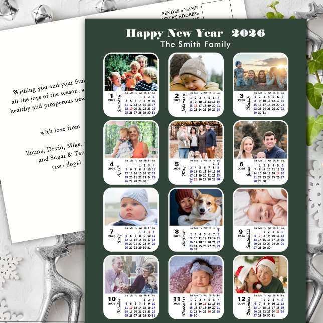 Cartão Postal 2025 Calendar Modern Green Family 12 Colagem de Fo (Criador carregado)