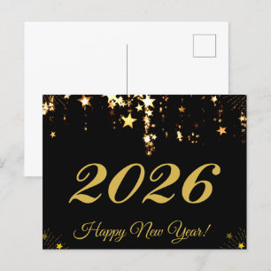 Cartão Postal 2025,Feliz ano novo!estrelas douradas e fundo pret