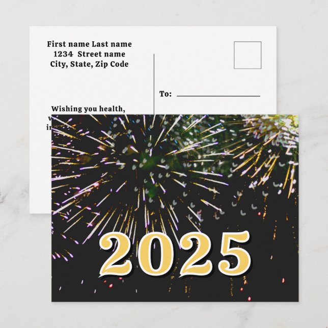 Cartão Postal 2025,Feliz ano novo!festa Fogo de Artifício Feliz  (Frente/Verso)